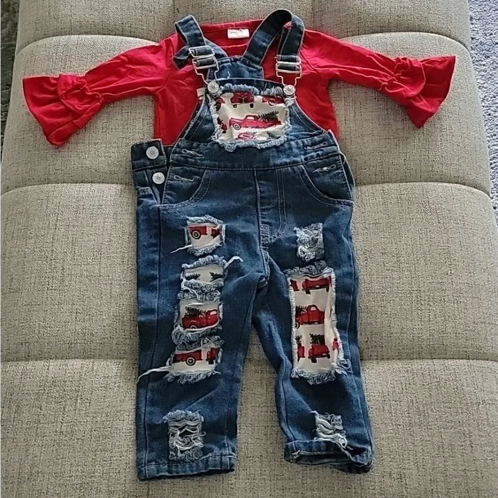 Red Vintage Truck Denim Overall Set